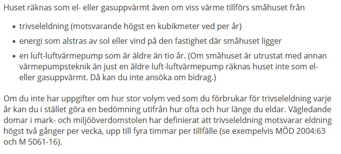 Text på svenska om uppvärmning av småhus, vedeldning, solenergi, vindkraft och luft-luftvärmepumpar med regleringar.