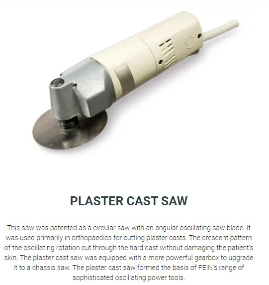 Medicinsk såg för att säkert skära gipsförband utan att skada huden.