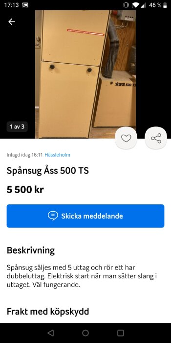 Skärmklipp av annons, spånsug till salu, Hassleholm, pris och beskrivning inkluderad.