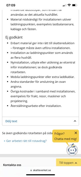 Skärmdump av webbsida, text om skattereduktion för laddstolpar, chattfönster, Skatteverkets webbplats.
