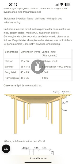 Instruktioner för bygge av pergola med materialmått och montageanvisningar.