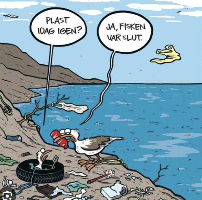 Seriebild som visar nedskräpad strand, pratbubblor, mås som håller i plast, illustration av miljöförstöring.