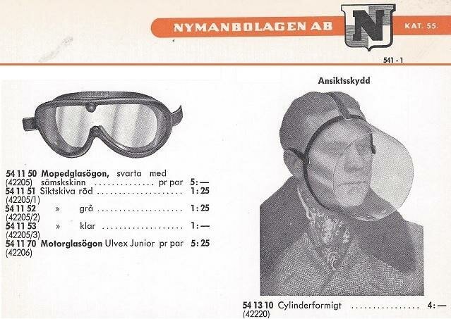 Vintage katalogsida, skyddsglasögon, ansiktsskydd, produktbilder, priser, Nymanbolagen AB.