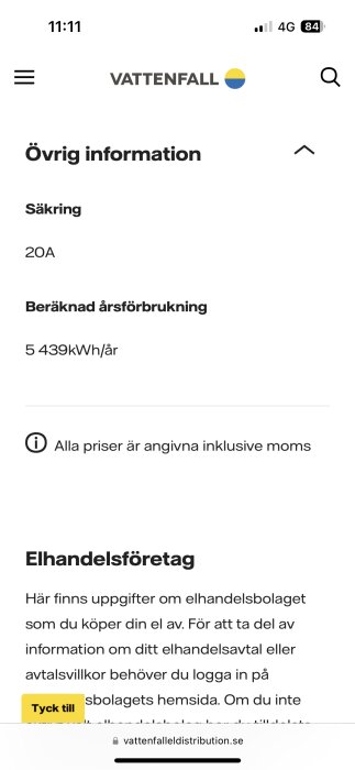 Skärmdump från mobiltelefon som visar del av Vattenfalls webbsida med information om elanvändning och elhandelsföretag.