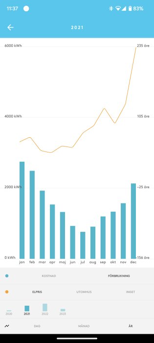 Energiförbruknings- och elprisdiagram för 2021 med månadsposter och prisökningar.