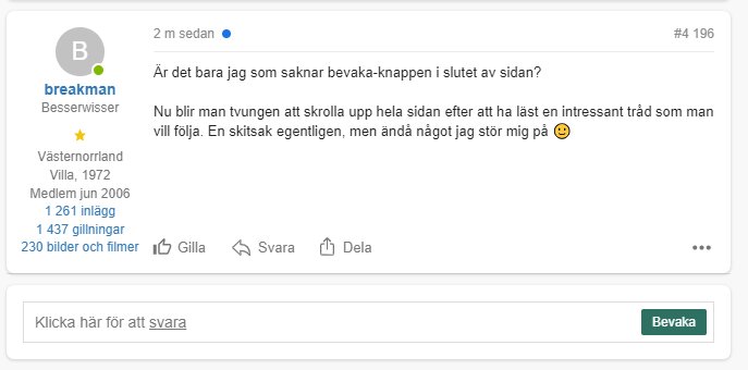 Skärmdump av foruminlägg där användare diskuterar borttagning av bevakningsknapp, inkluderar profilinformation och interaktionsalternativ.