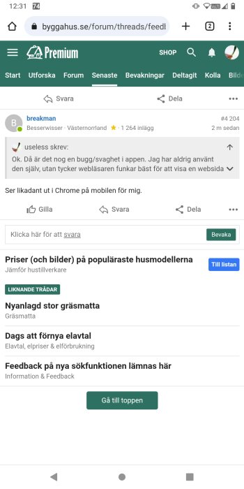 Skärmdump av ett svenskt forum, diskussion om webbläsare och mobilanvändning, grön layout, byggtema.