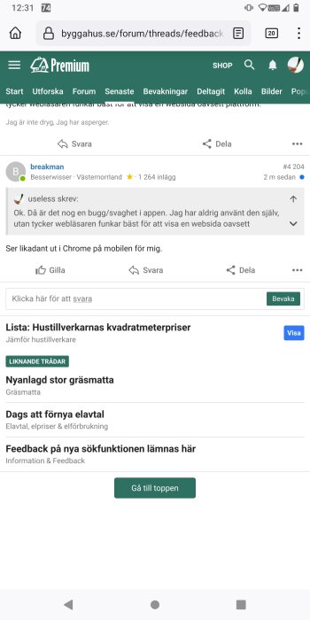 Skärmdump av forumdiskussion på webbsidan "bygghus.se" visad på en mobil enhet.