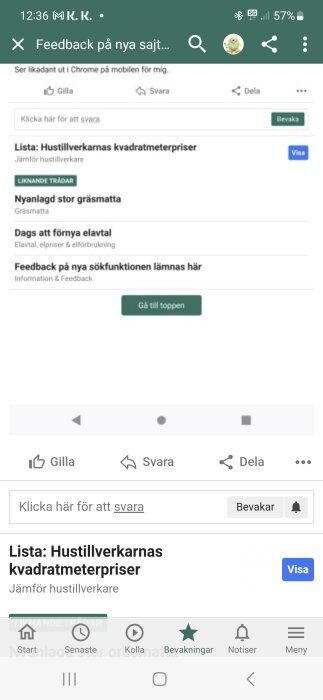 Skärmdump av en webbplats med diskussionstrådar, mobilsignal, batteristatus, och tid synliga.