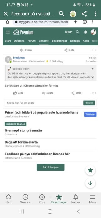 Skärmdump av ett internetforum, mobilvy, diskussionstråd med kommentarer och navigeringselement.