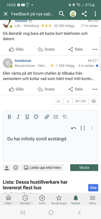 Skärmdump av forumtråd på mobil, användare diskuterar, "infinity scroll avstängd" meddelande synligt.