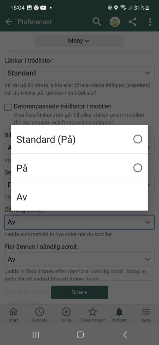 Skärmdump av mobilinställningsmeny, svenska, ljus gränssnitt, inställningar för trådlista och scrollfunktioner.