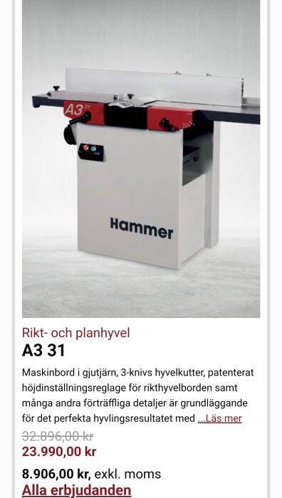 En rikt- och planhyvel, modell A3 31, från Hammer, med priset och specifikationer.