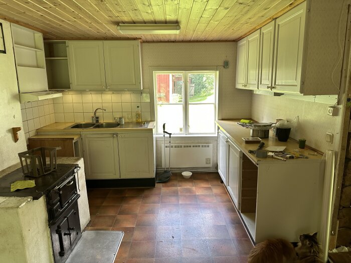 Gammalt kök med trämöbler, vitvaror, takbjälkar, kakel, fönster och två katter.