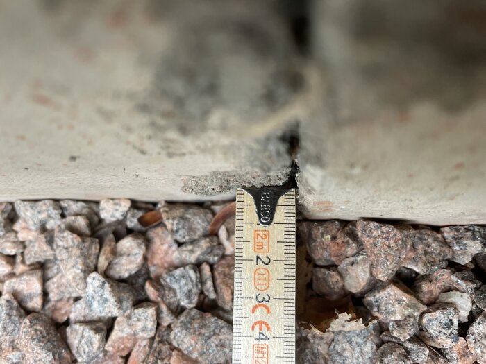 Måttband visar avstånd mellan betongkant och småstenig mark; ungefär 2,5 cm klämrum.