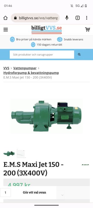 Webbsida visar hydroforpump, E.M.S Maxi Jet, för försäljning, pris angivet, sökfält, navigation, logotyp.