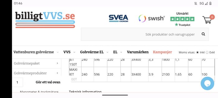 Skärmbild av en webbutik med fokus på VVS-produkter, betalningsalternativ, sökfält och produktjämförelsetabell.