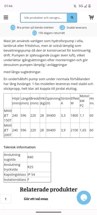 Skärmdump visar en webbsida med information om Maxi Jet-hydropumpar, inklusive specifikationer och teknisk information.