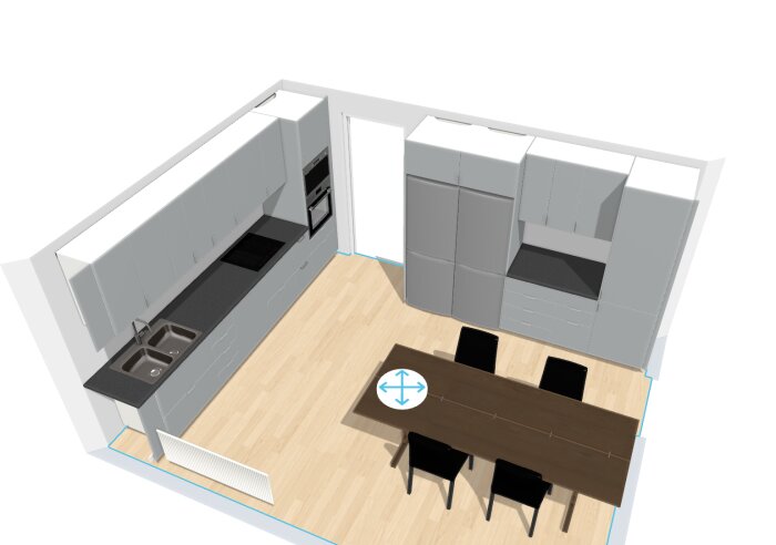 3D-modell av ett kök och matplats, modern design, minimalistisk stil, få färger, öppen planlösning.