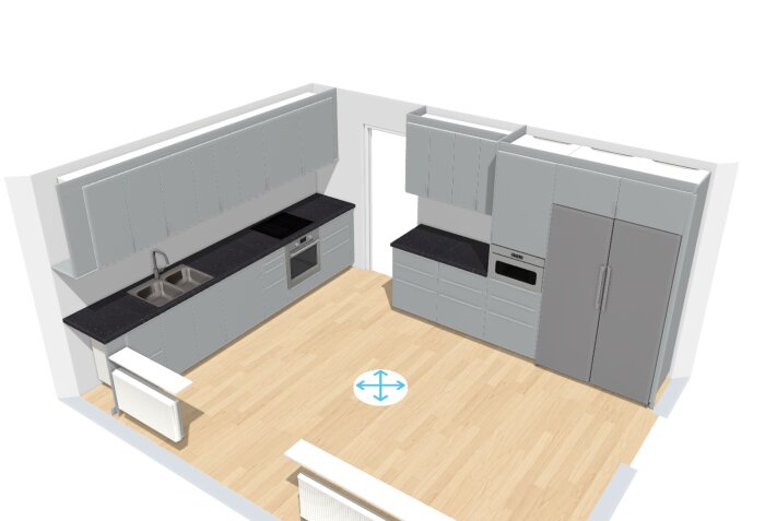 3D-rendering av ett modernt kök med skåp, vitvaror, och trägolv.