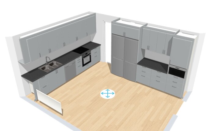 Moderner, leerer Küchenbereich mit Einbauschränken, Elektrogeräten und Holzboden - 3D-Modell oder Planungsvorschau.