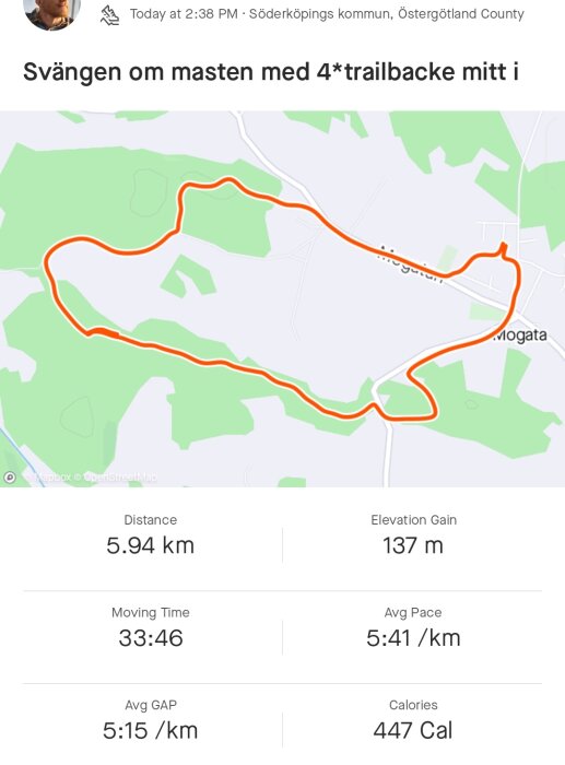 Karta med löprunda, 5.94 km, Söderköpings kommun, höjdskillnad 137 meter, tid 33:46 minuter, tempo, kaloriförbrukning.