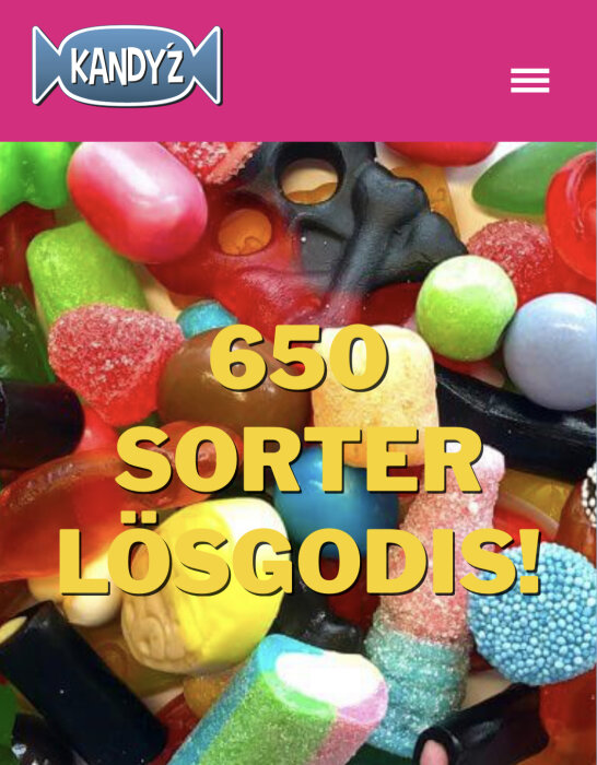 Färgglatt lösgodis, 650 sorter, reklam för Kandyz, rosa och gul bakgrund, mobilwebbläsares gränssnitt.