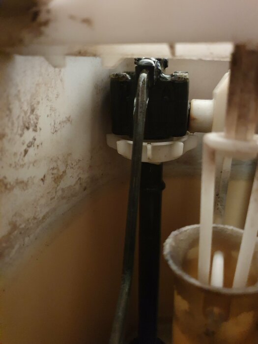 Närbild på rörsystem under handfat, svart ventil, mögel eller smuts på vägg.