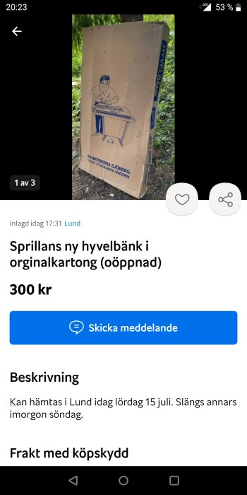 Ny hyvelbänk i kartong till salu, oöppnad för 300 kr, kan hämtas i Lund.