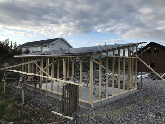 Påbörjad träkonstruktion för byggnad, på grund med grus, i bostadsområde, dagsljus, molnig himmel, ingen närvaro av människor.