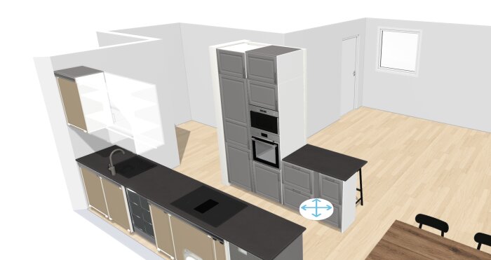 3D-modell av ett modernt kök med inbyggd ugn, spishäll, diskho, skåp och matplats.