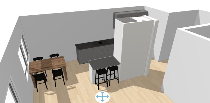 3D-rendering av modernt kök med matplatser och inbyggda skåp.