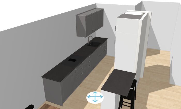 3D-modell av kök, grå skåp, svarta bänkskivor, vit kyl, trägolv, barstol, överliggande skåp.
