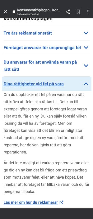 Skärmdump av webbsida om konsumenträttigheter, reklamationsrätt och hantering av felaktiga varor.