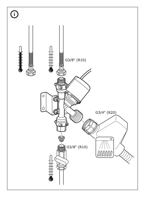Explosionsritning av en rördel med flera komponenter, inklusive skruvar, kopplingar och en elektrisk ventil.