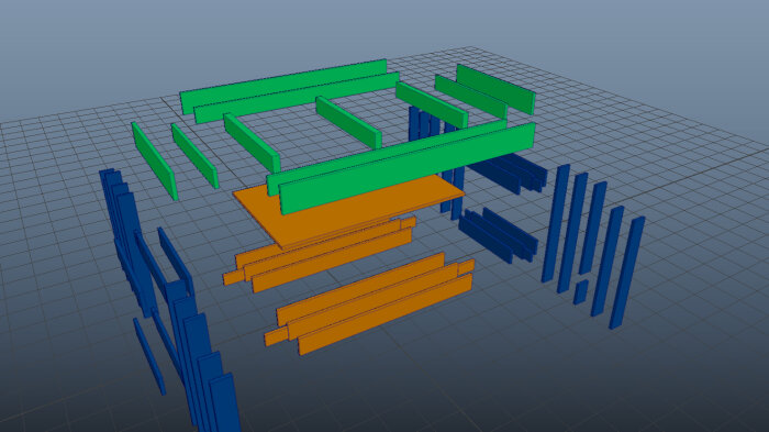 3D-modellerade objekt i grönt, orange och blått, skapade i CAD-programvara, flytande över rutnät.