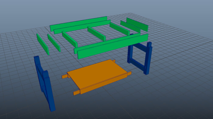 3D-modell av möbler i olika färger på rutig yta: bord, stol-delar, uppdelade, osammanfogade.