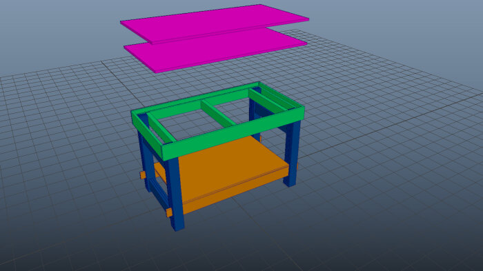 3D-modell av arbetsbänk med hyllor i färgad CAD-miljö.