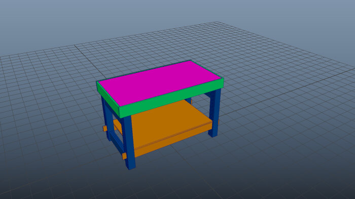 3D-modellerat skrivbord med färgglada ytor på ett rutnät.