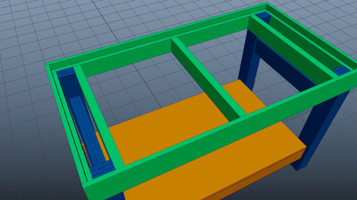 3D-modell av grönt och orange objekt, möjligtvis en möbel, på rutnät.