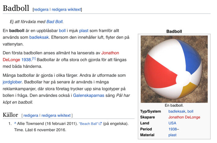 Skärmdump av Wikipedia-artikel om en uppblåsbar, mångfärgad badboll; information om historia och användning.