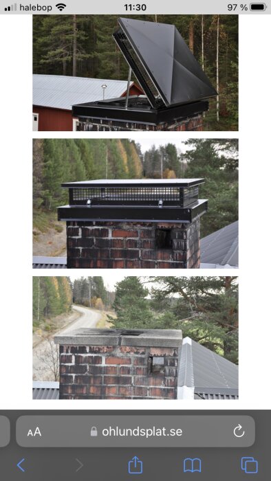 En serie bilder som visar en skorstensrenovering innan, med solskydd och efter avslutat arbete i naturlig miljö.