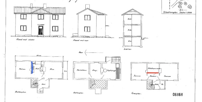 Arkitektritningar av ett hus med fasadvyer och våningsplanslayouter.