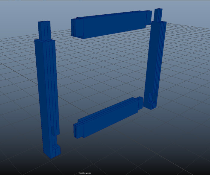 3D-modell av en struktur som ser ut som en grind eller portal, blå ton, grå gridbakgrund, CAD-liknande designvisualisering.