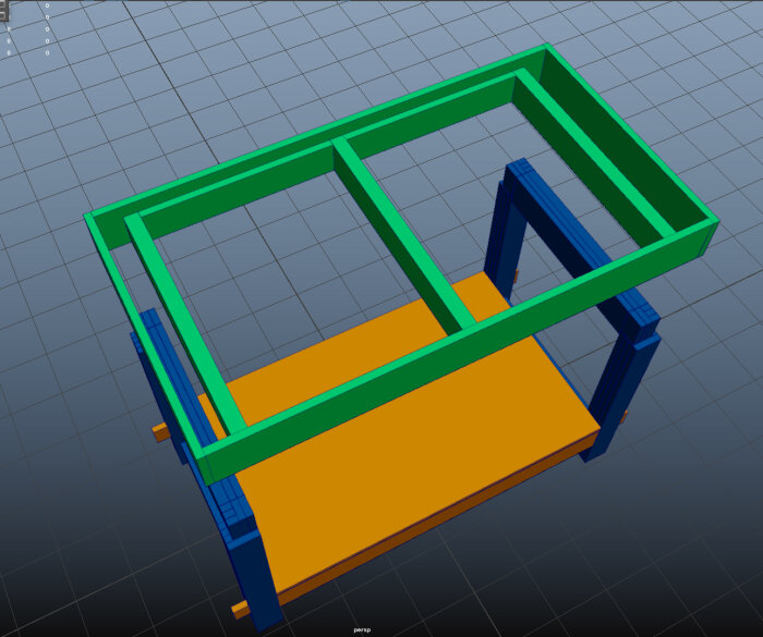 3D-modell av möbel eller struktur, grönt och blått, i designmjukvara med rutnätbakgrund.