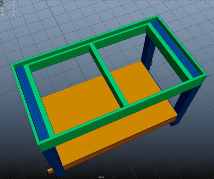 3D-modell av en enkel trästruktur, möjligen en möbeldel, på ett rutnät i ett CAD-program.