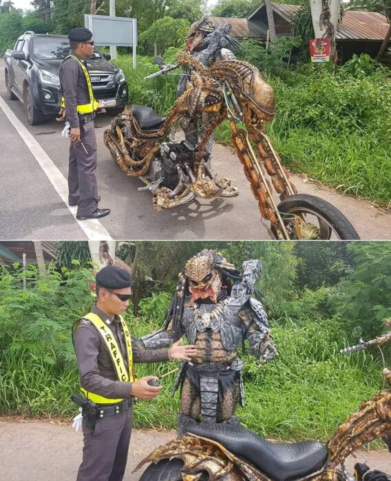 Polis stoppar motorcyklist utklädd till Predator vid sidan av vägen.