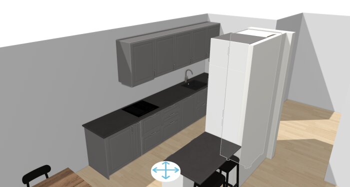 Modell av ett modernt kök, grå skåp, svart bänkskiva, induktionshäll, trägolv, minimalistisk design, 3D visualisering.