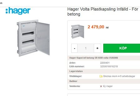 Produktbild av Hager Volta elcentral infälld i betong, prisangivelse, köpalternativ och artikelinformation presenteras online.