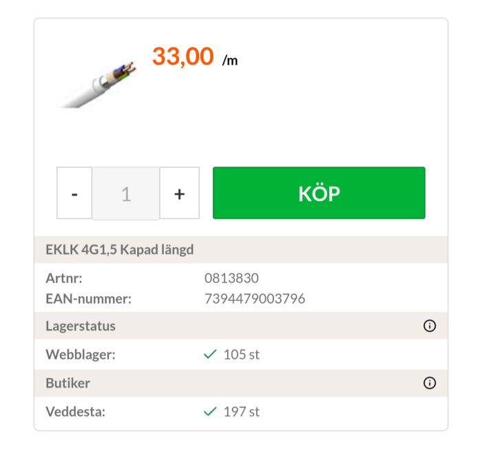 E-handelssida visar EKLK-kabel, pris 33 kr/m, köpalternativ, lagerstatus online och i butik.